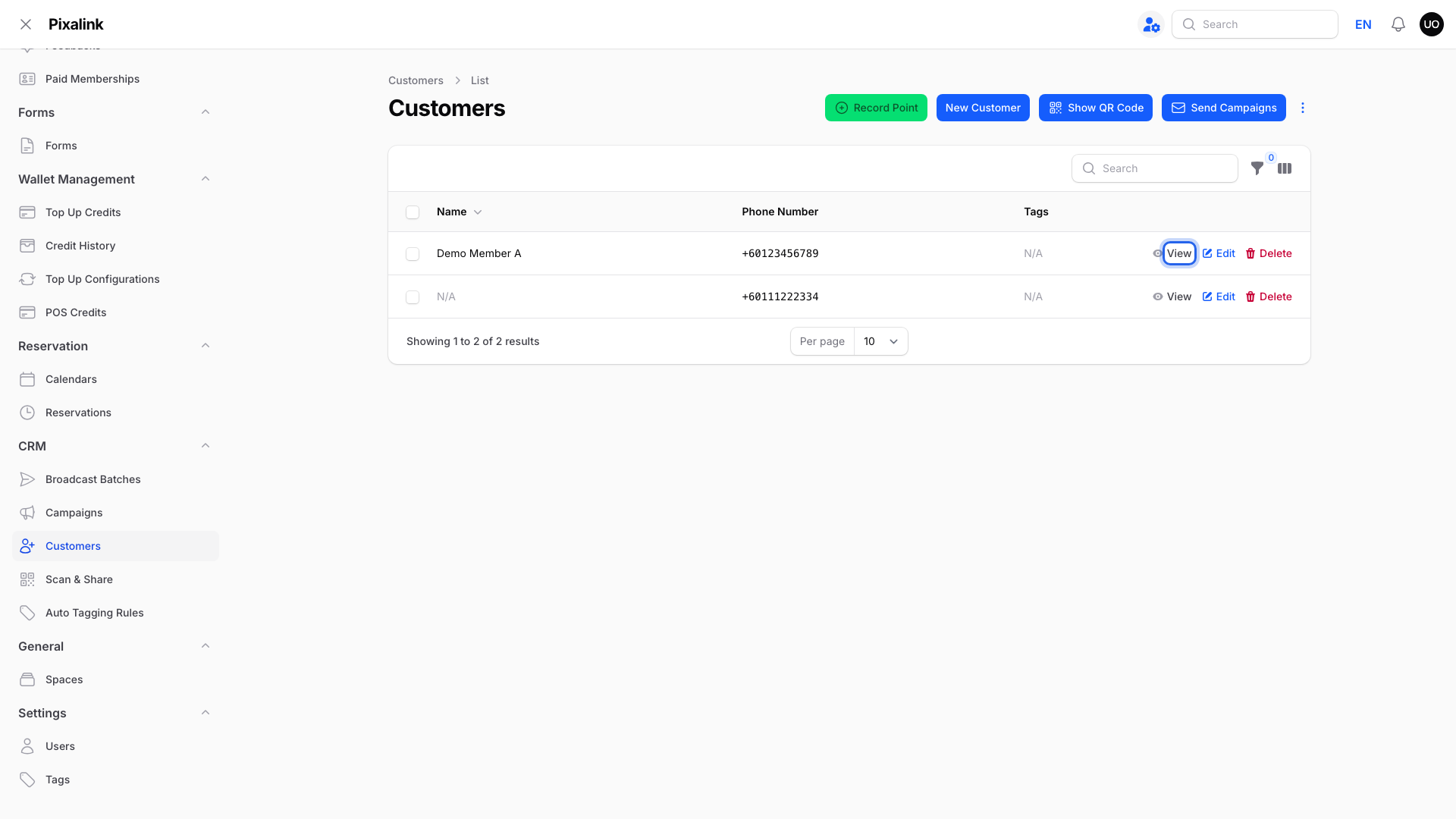 Step 2: CRM → Customers list with the View button highlighted on the Demo Member A row