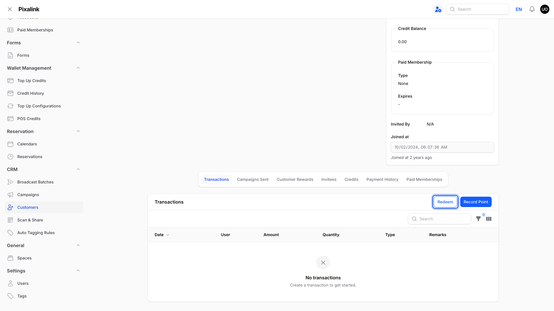 Step 3: Customer page Transactions section with the Redeem button highlighted