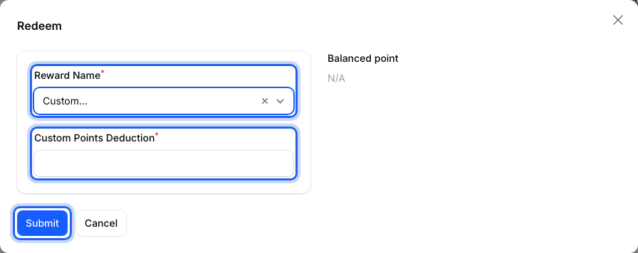 Step 4: Redeem window with Reward Name set to Custom..., the Custom Points Deduction field and the Submit button highlighted