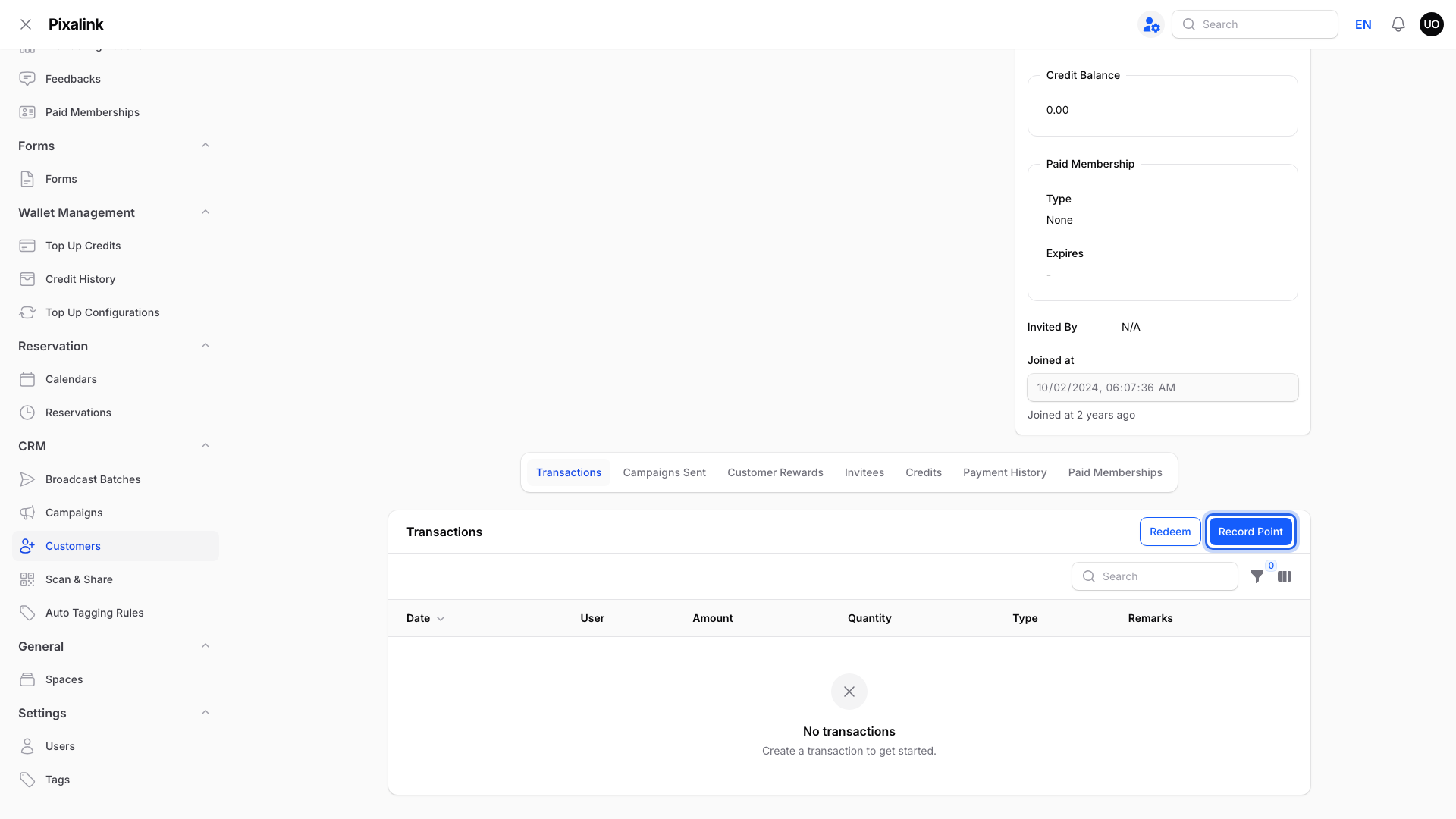 Step 5: Customer page Transactions section with the Record Point button highlighted