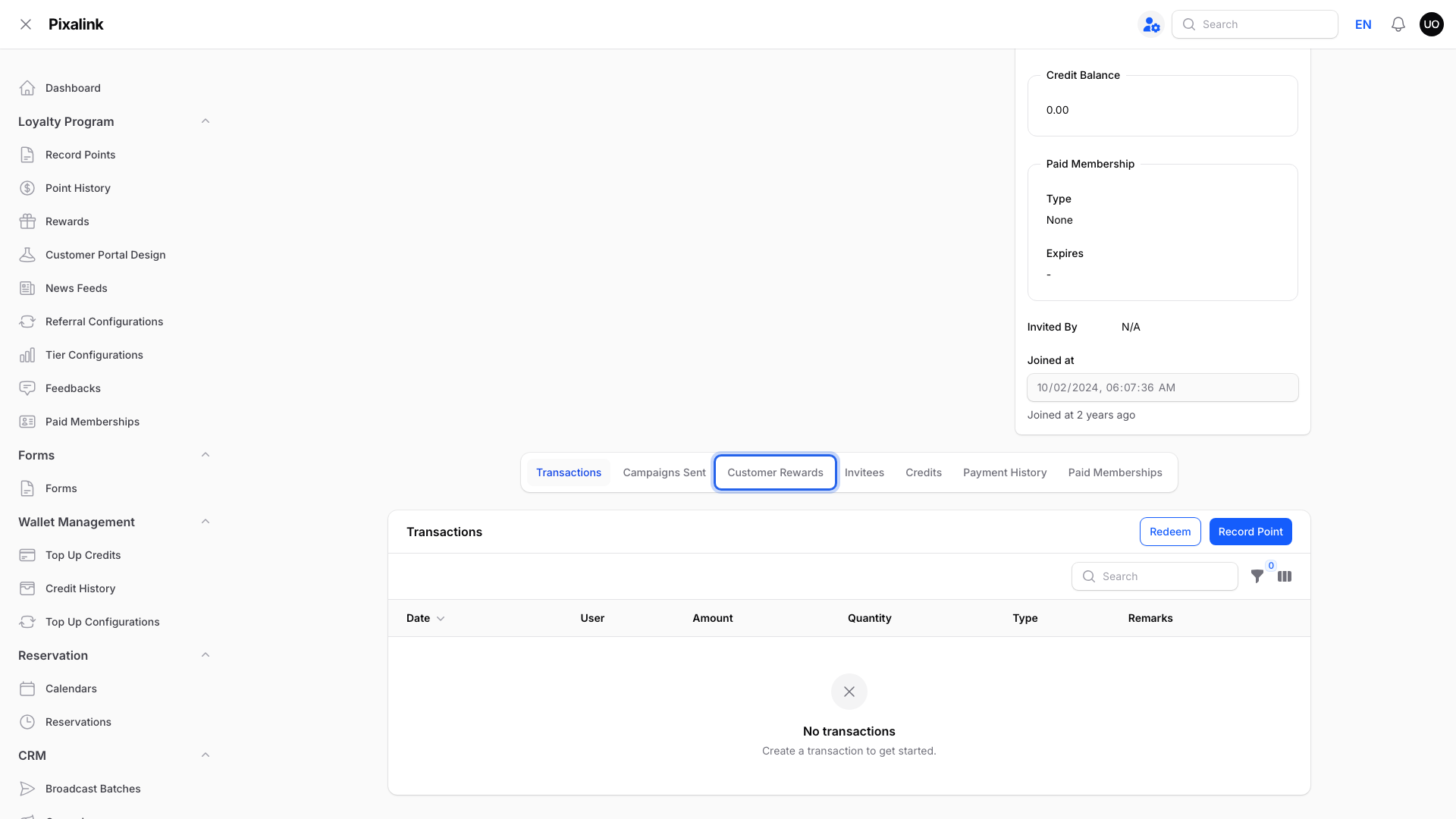Customer page in the admin panel with the Customer Rewards tab highlighted next to Transactions and Campaigns Sent