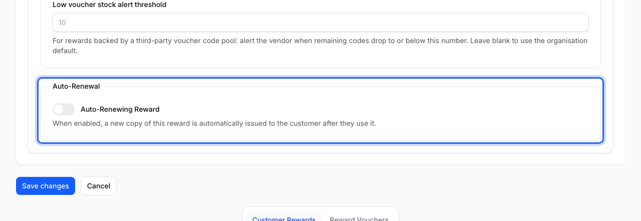 Reward Settings tab with the Auto-Renewal box highlighted, showing the Auto-Renewing Reward switch turned off