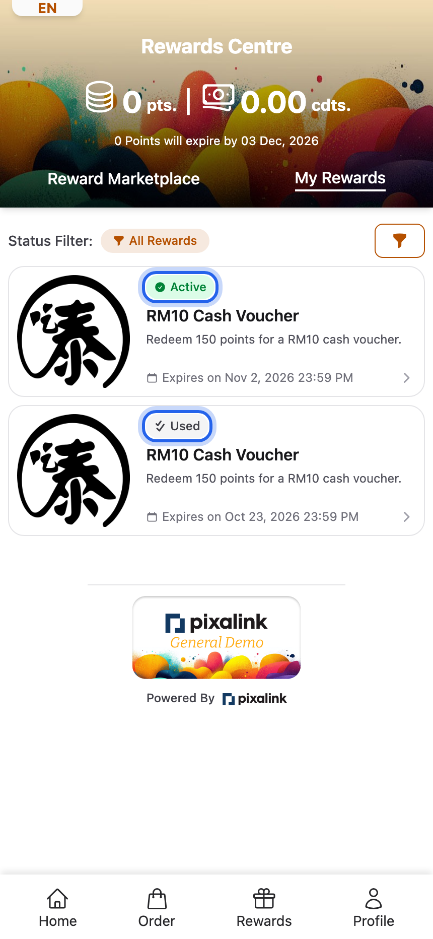 Customer portal My Rewards page filtered to All Rewards, showing an Active and a Used RM10 Cash Voucher with their badges highlighted