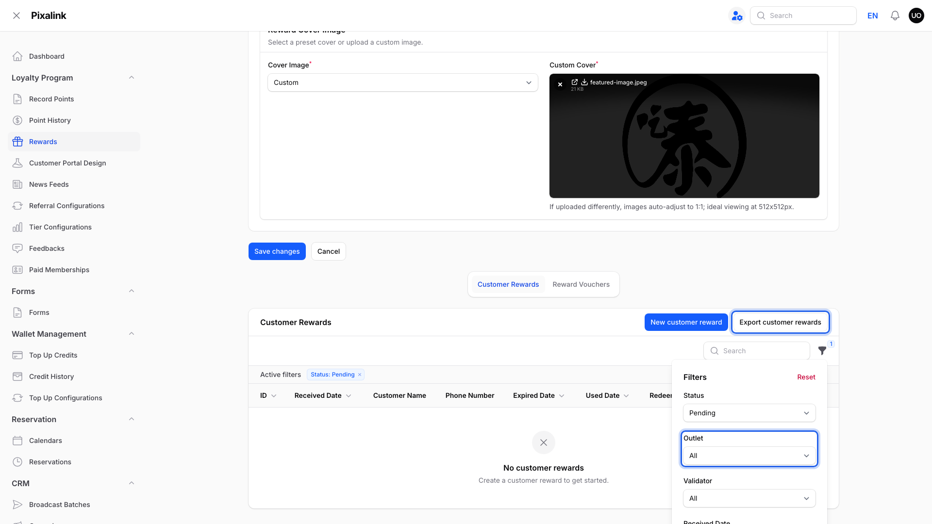 Customer Rewards tab of a reward with the Outlet filter and the Export customer rewards button highlighted