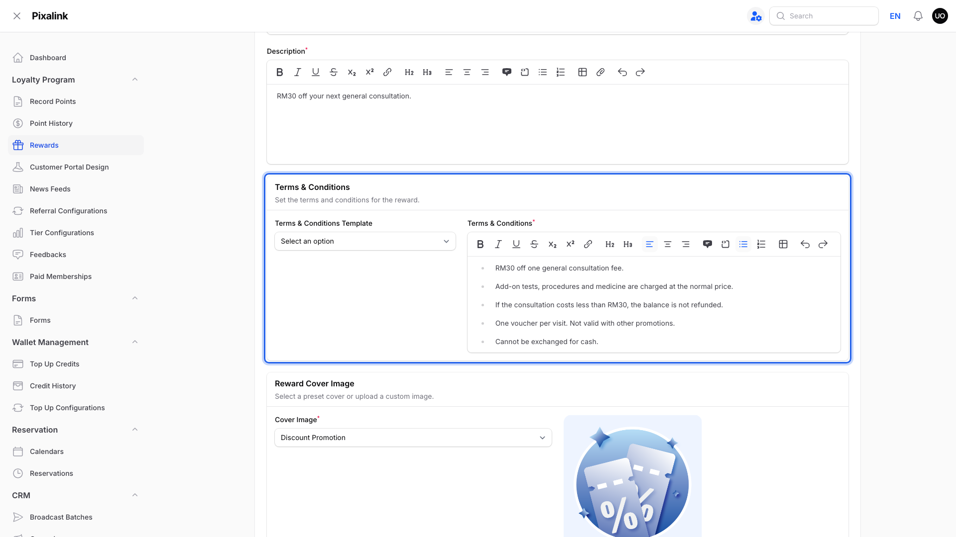 Reward edit page with the Terms & Conditions section highlighted, showing an add-on rule written in the terms
