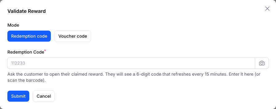 Validate Reward window with Mode and Redemption Code fields and no field for the bill amount