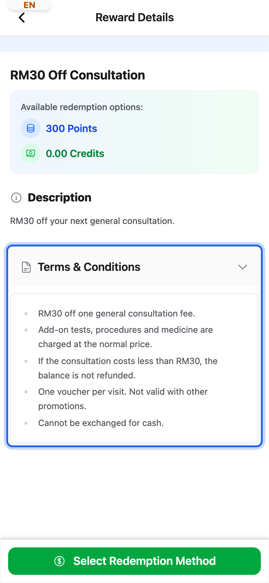 Customer portal Reward Details page with the Terms & Conditions block highlighted, listing the add-on rule