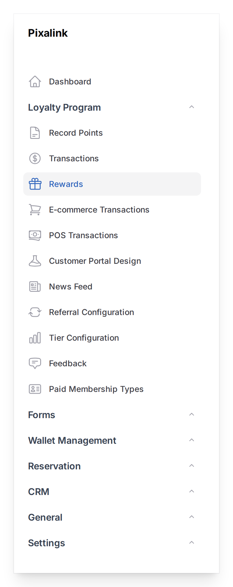 Pixalink admin sidebar with Loyalty Program expanded and Rewards item highlighted