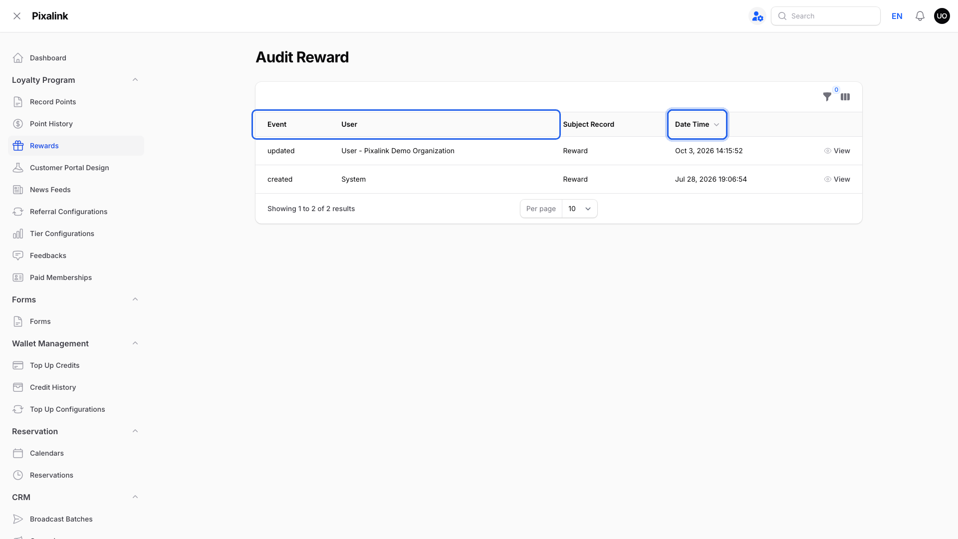 Audit Reward page listing changes, with the Event, User and Date Time column headings highlighted