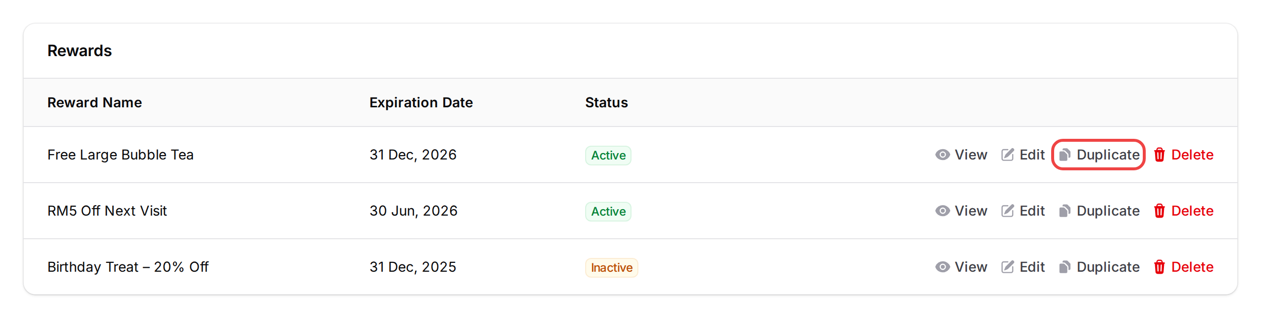 Rewards list table with Duplicate button highlighted on the first row