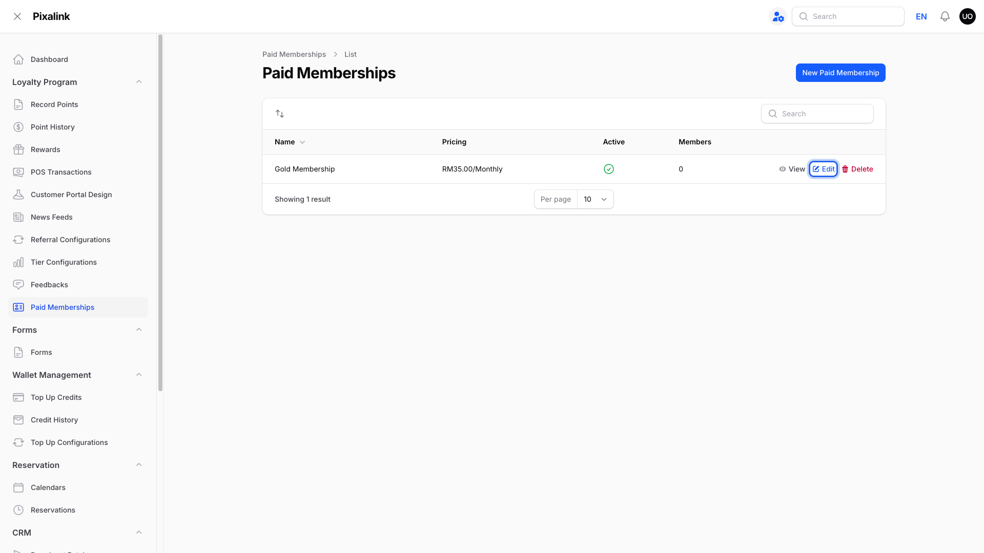 Paid Memberships list with the Edit action on a plan highlighted