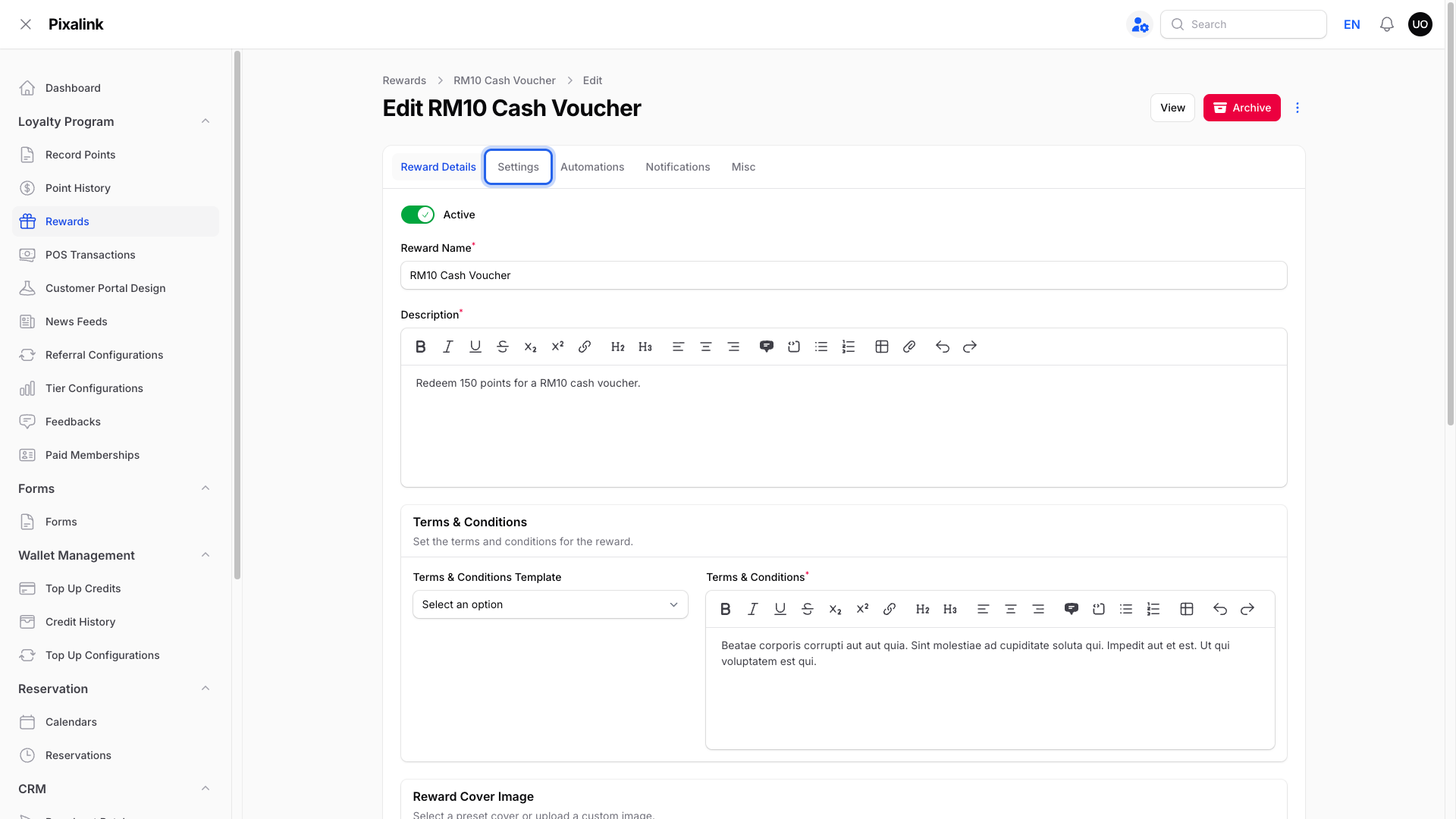 Edit reward page opened from Rewards in the sidebar, with the Settings tab highlighted