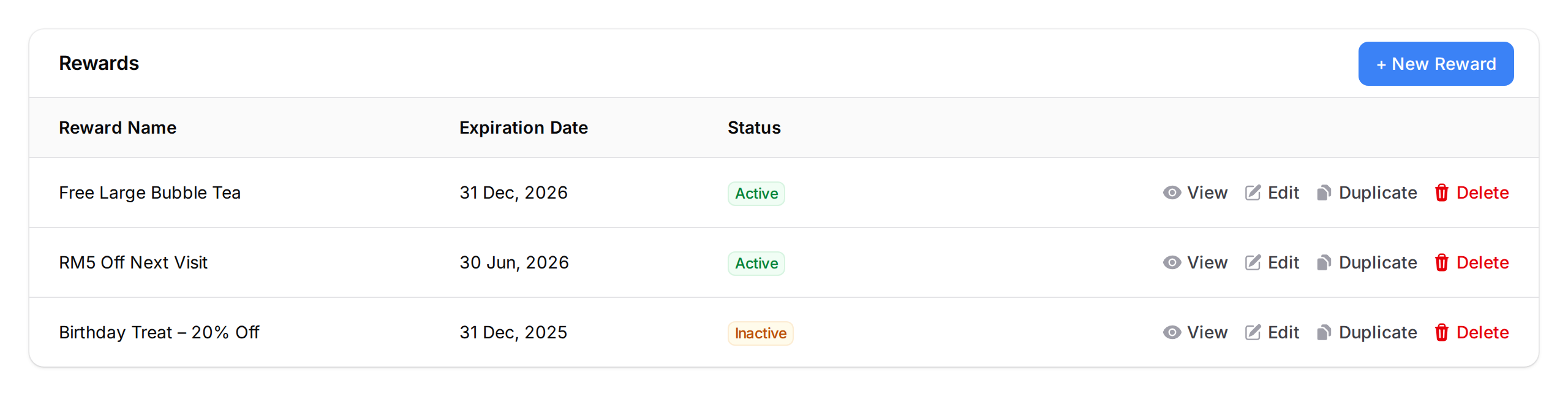 Rewards list table with New Reward button in the top right corner