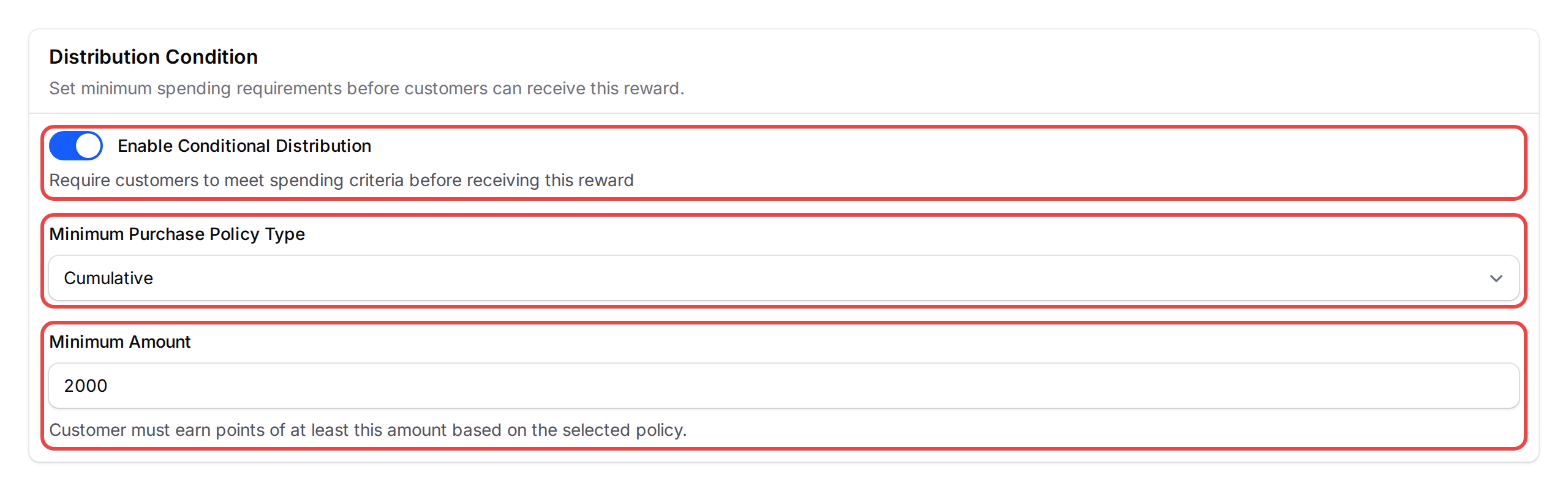 Distribution Condition section with Enable Conditional Distribution, Minimum Purchase Policy Type, and Minimum Amount all highlighted