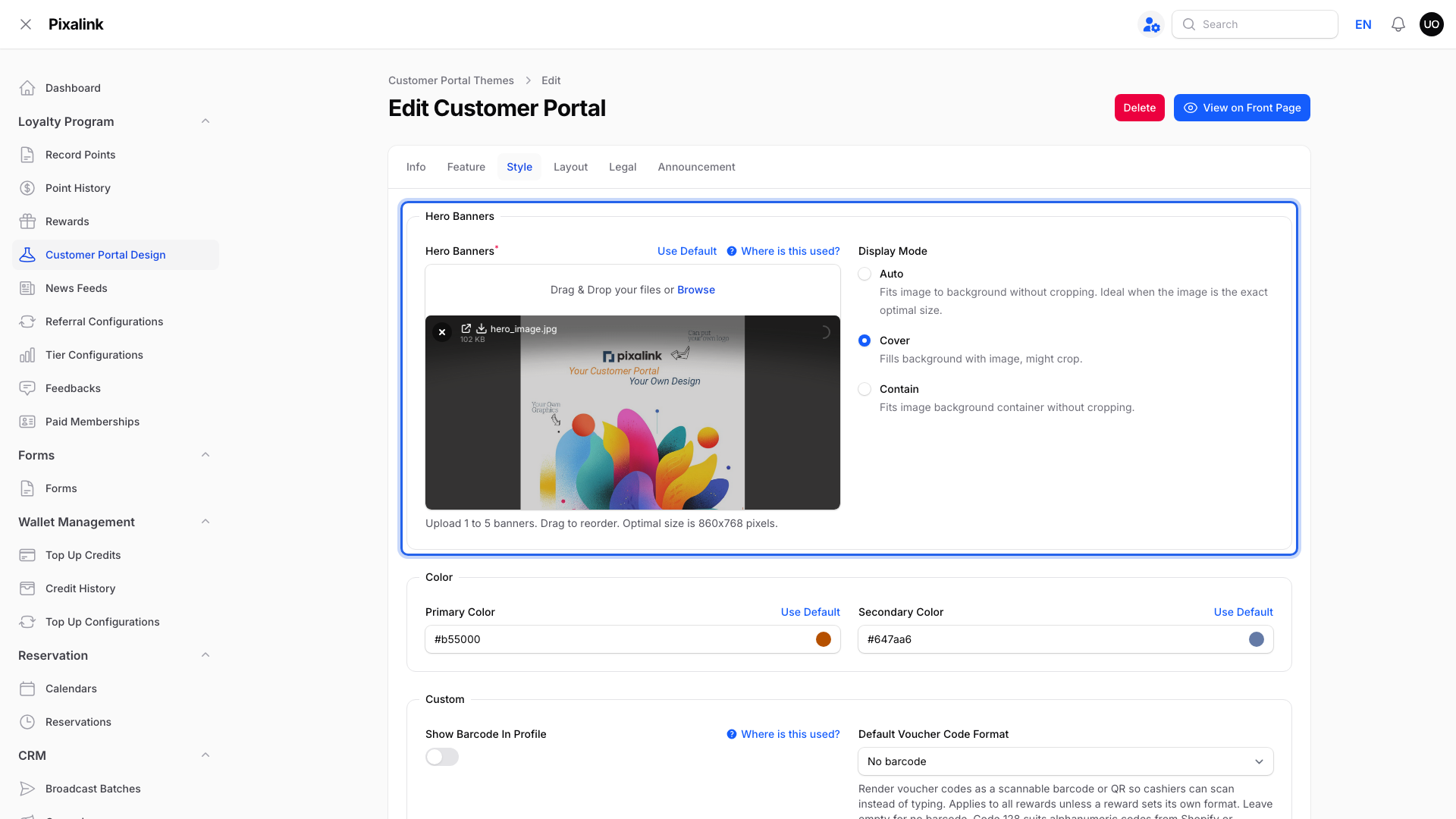 Step 5: Style tab with the Hero Banners upload area and Display Mode options highlighted