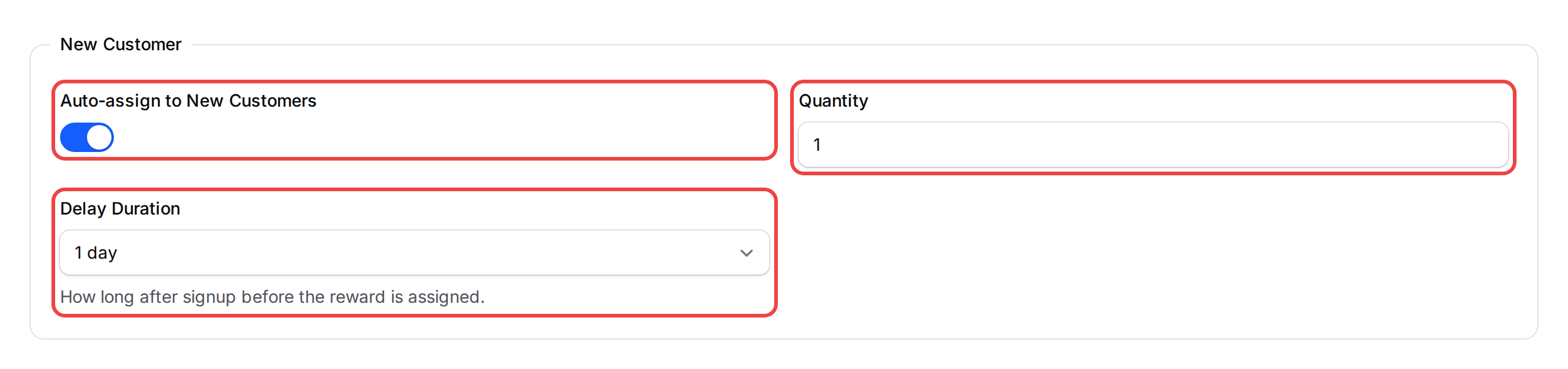 New Customer section with Auto-assign toggle, Quantity, and Delay Duration all highlighted