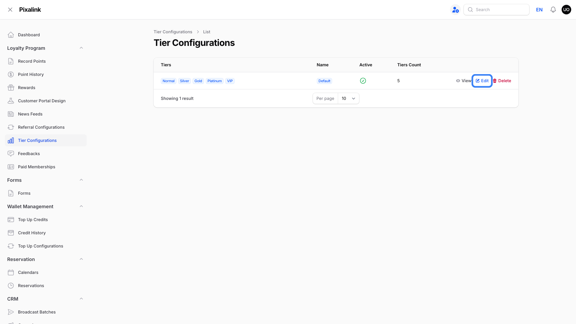 Tier Configurations list with the Edit action on the tier programme row highlighted
