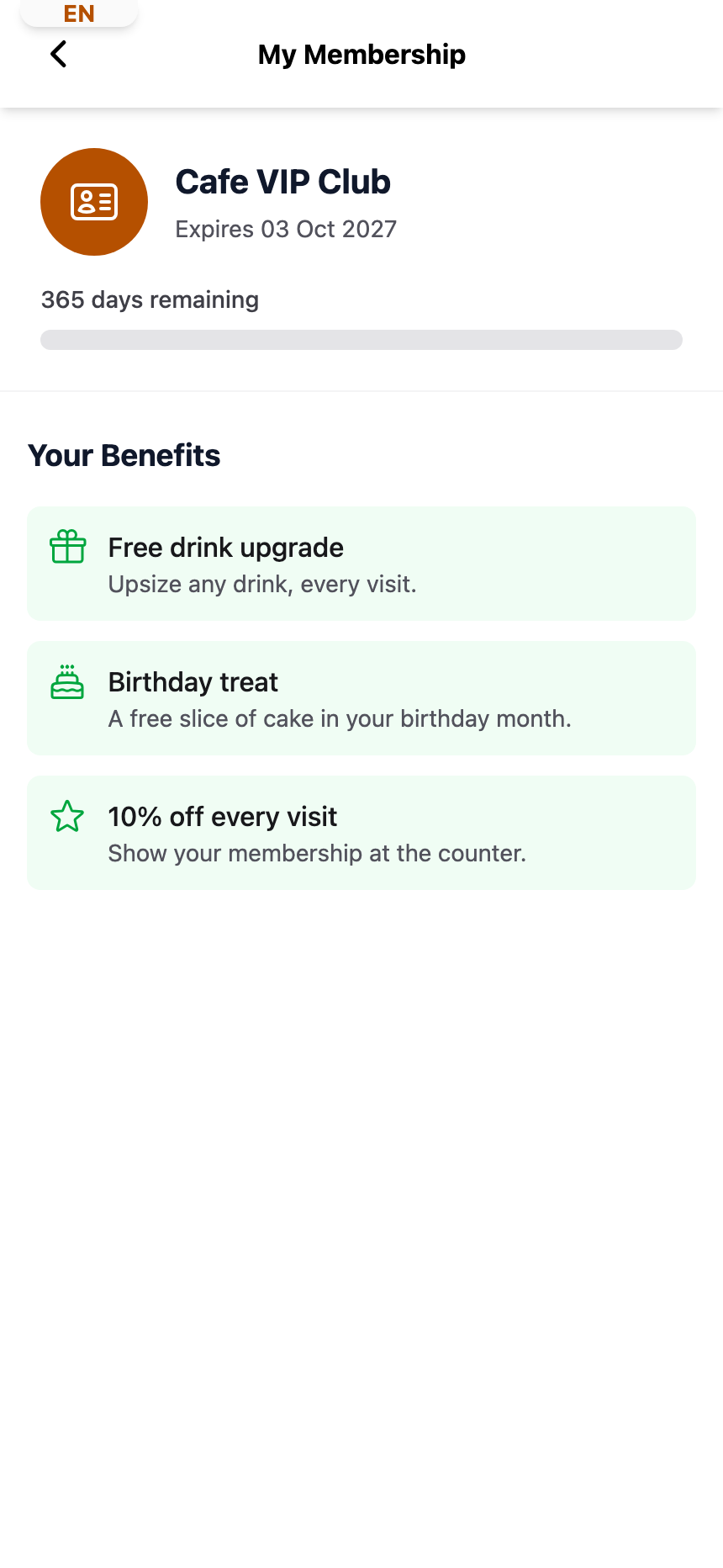 Customer portal My Membership page showing the Cafe VIP Club membership, its expiry date, days remaining, and the Your Benefits list