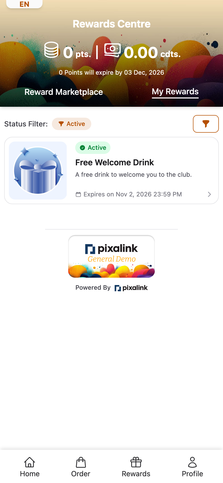 Customer portal Rewards Centre on the My Rewards tab, showing an active Free Welcome Drink voucher issued with a paid membership