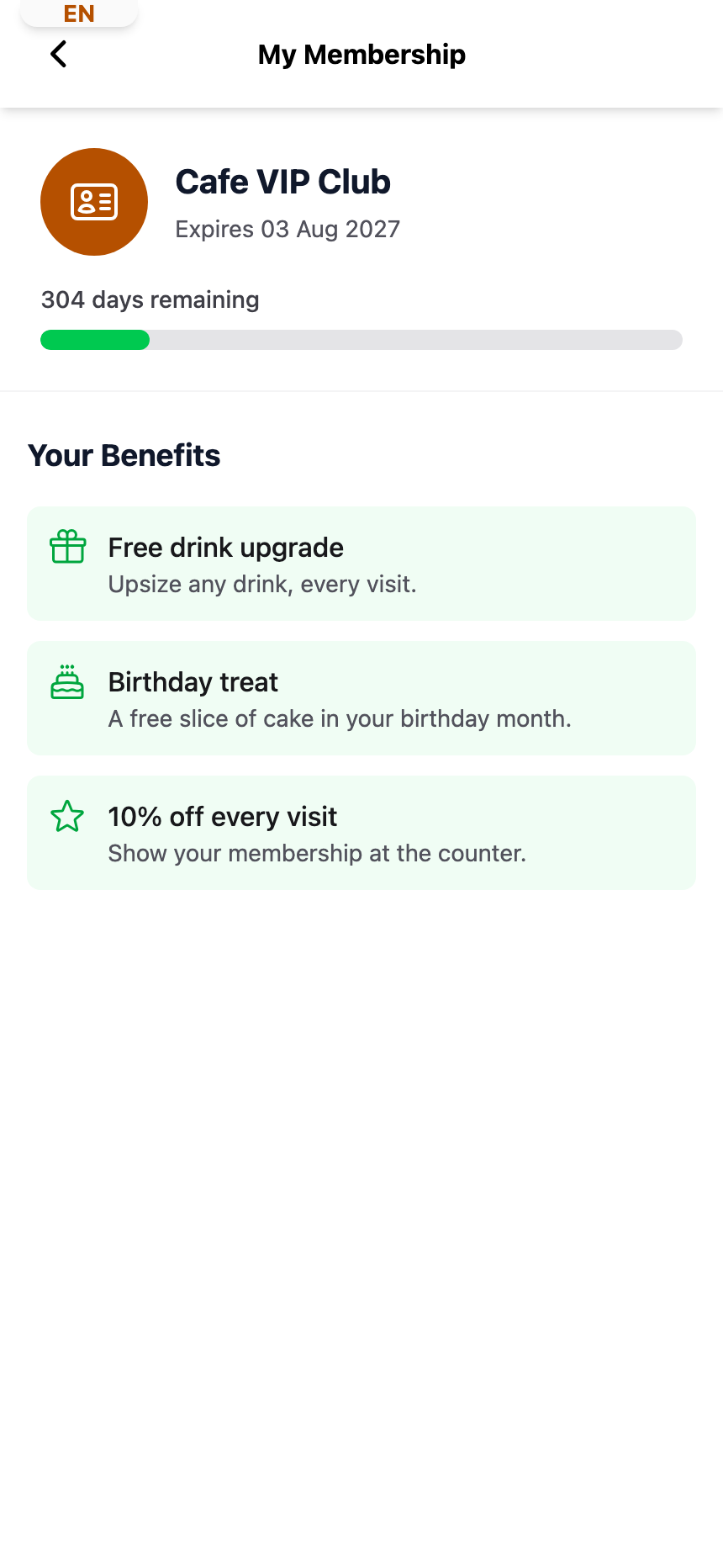 Customer portal My Membership page for an active Cafe VIP Club membership, showing the expiry date, days remaining with a progress bar, and the Your Benefits list