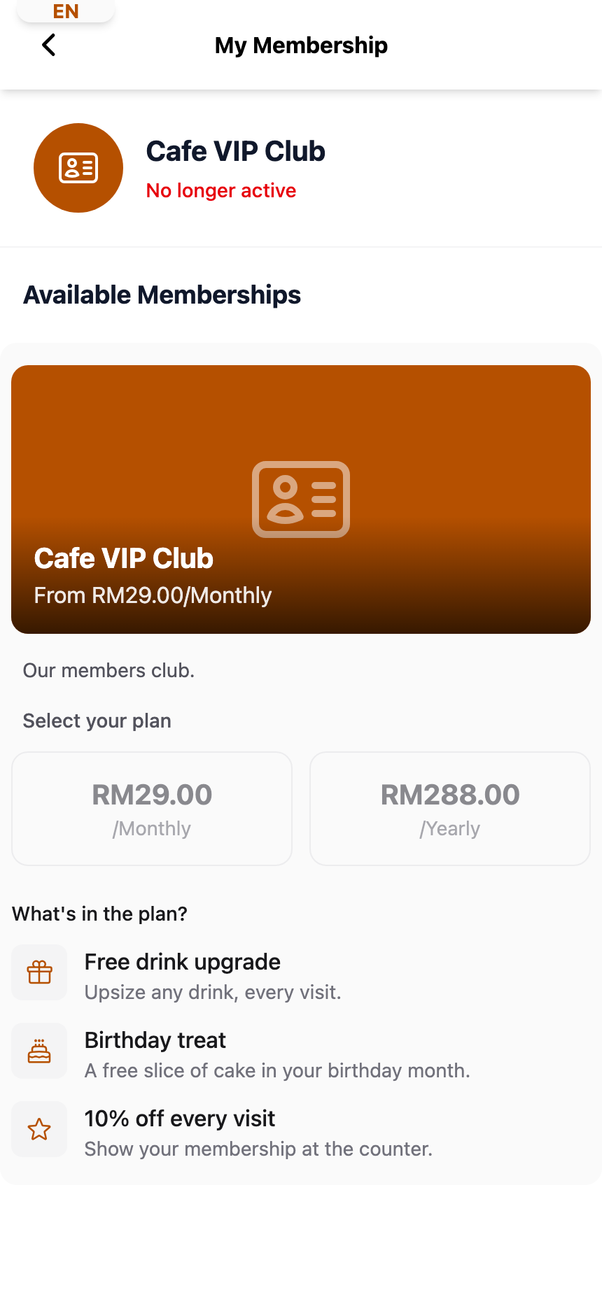Customer portal My Membership page for a deactivated Cafe VIP Club membership, showing the red No longer active label above the Available Memberships plans