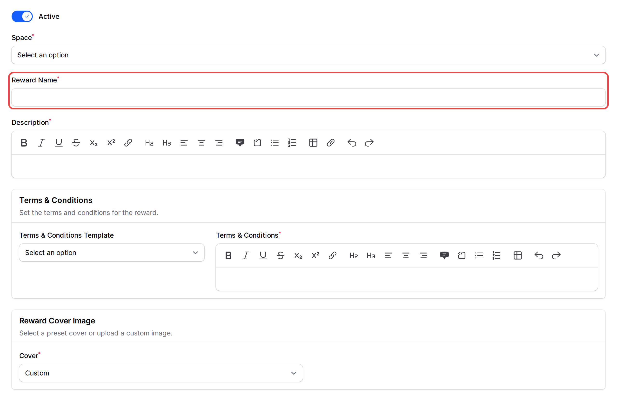 Reward Details tab with Reward Name, Description, and Terms and Conditions fields highlighted