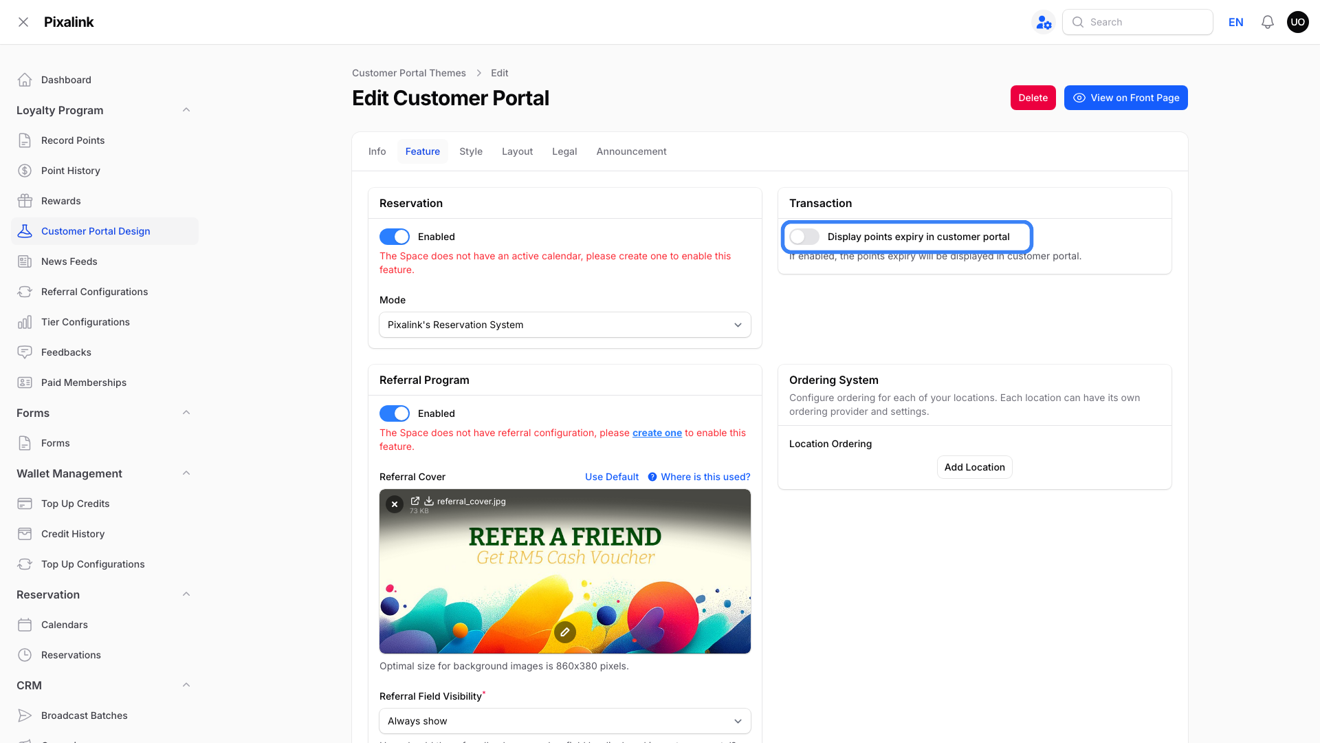 Edit Customer Portal on the Feature tab with the Display points expiry in customer portal toggle highlighted in the Transaction section