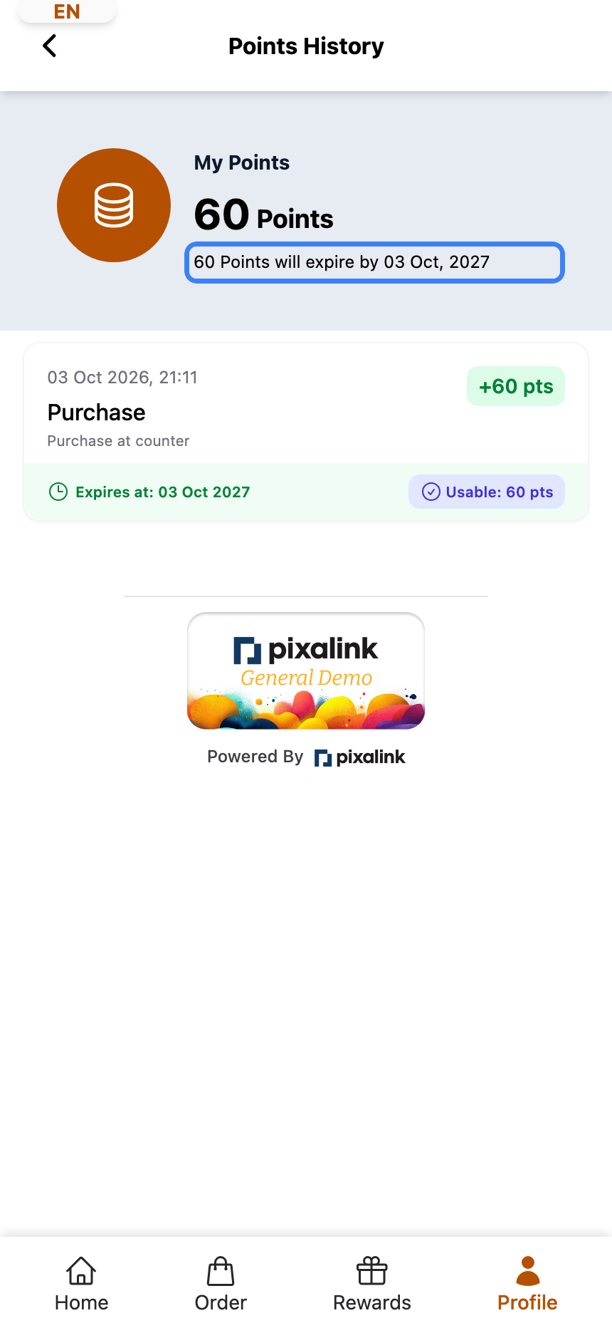 Customer portal Points History page with the line 60 Points will expire by 03 Oct, 2027 highlighted under the points balance