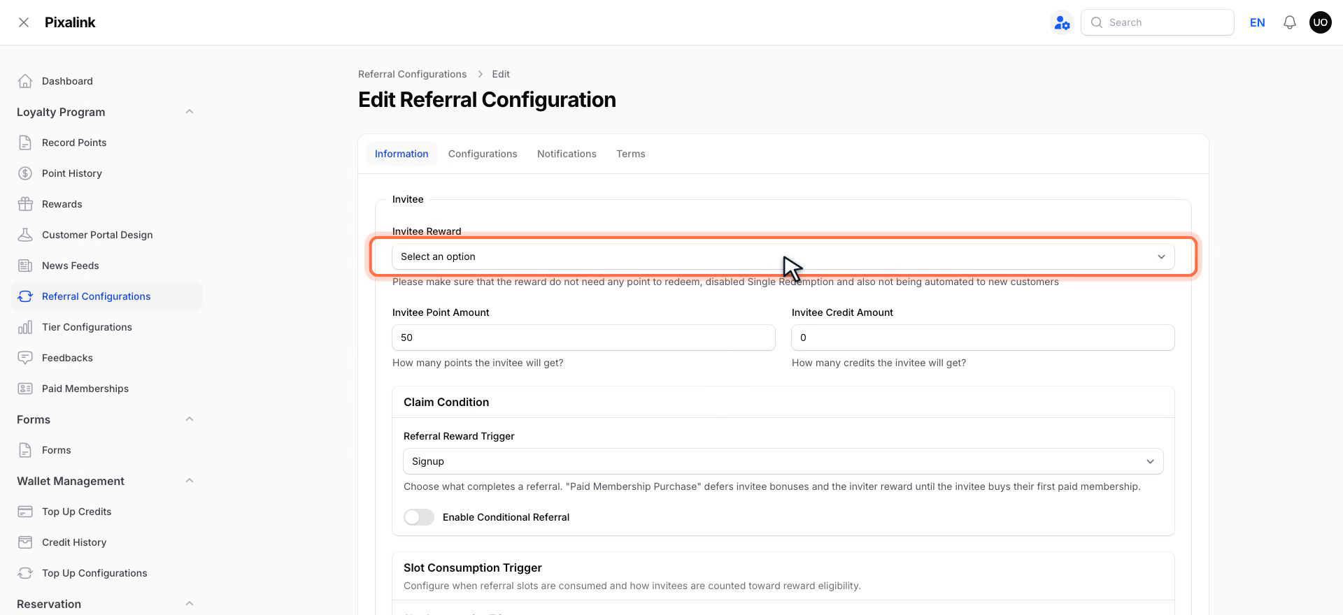 Edit Referral Configuration, Information tab, with the Invitee Reward field highlighted above Invitee Point Amount and Invitee Credit Amount