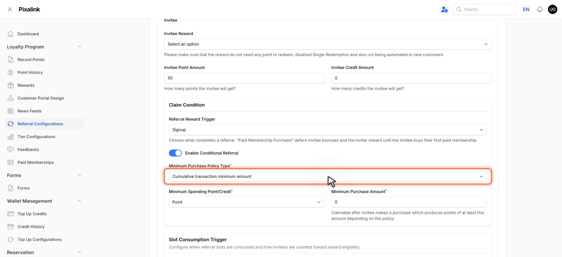 Claim Condition section with Enable Conditional Referral turned on, Minimum Purchase Policy Type highlighted, and the Minimum Spending Point/Credit and Minimum Purchase Amount fields below