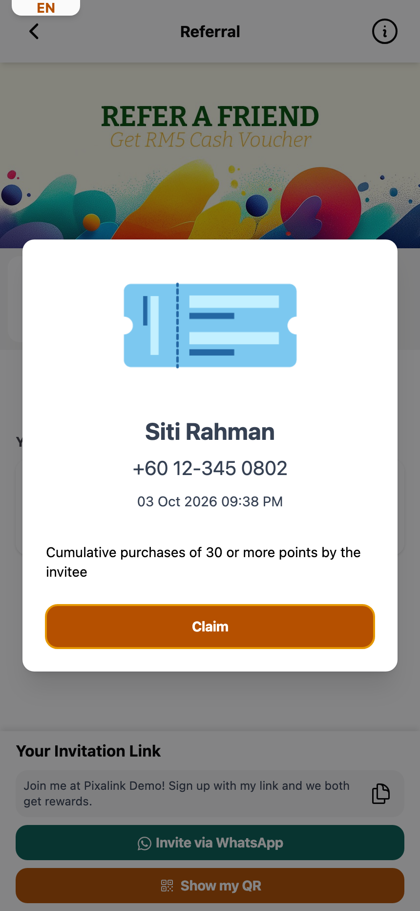 Customer portal Referral page with a referral reward open, showing the invited friend and the rule Cumulative purchases of 30 or more points by the invitee