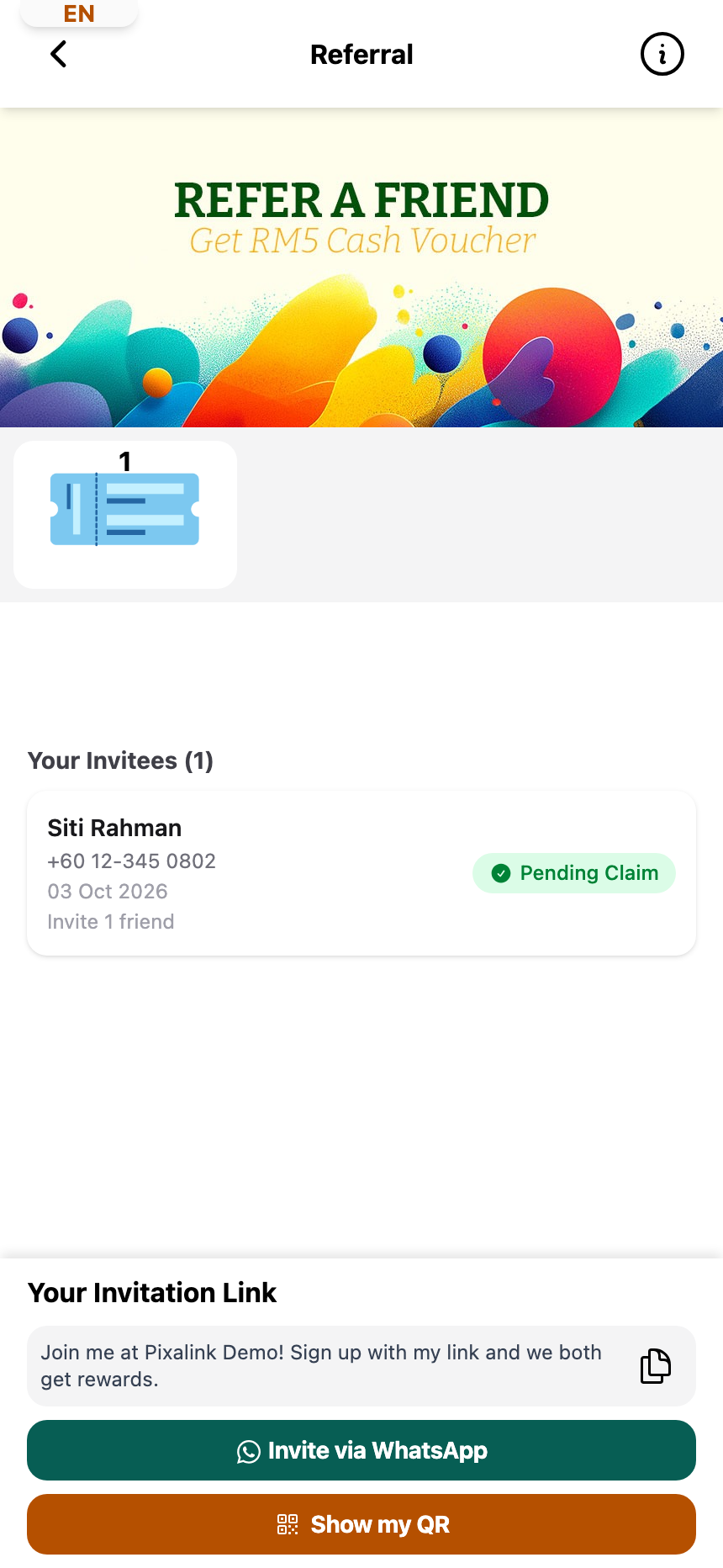 Customer portal Referral page, Your Invitees list with the invited friend marked Pending Claim