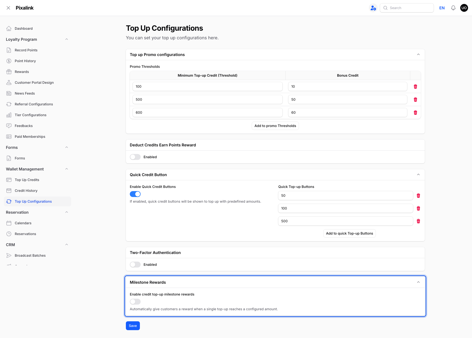 Top Up Configurations page showing the Top up Promo configurations, Deduct Credits Earn Points Reward, Quick Credit Button, Two-Factor Authentication, and Milestone Rewards sections, with Milestone Rewards highlighted