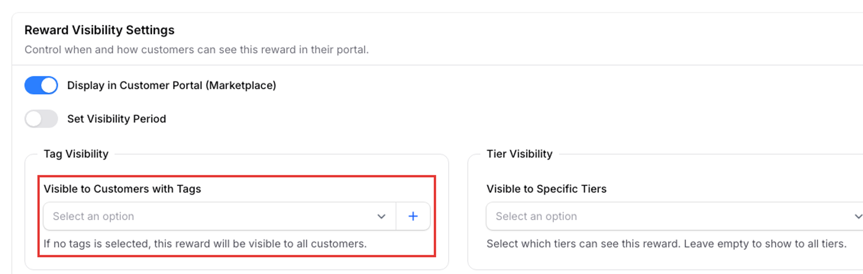 Step 3: Reward Visibility Settings on the Settings tab, with Display in Customer Portal (Marketplace) on and the Visible to Customers with Tags field highlighted