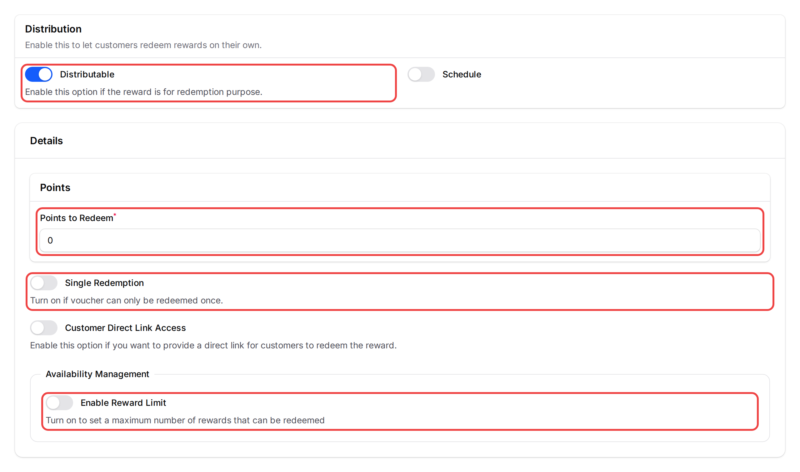 Settings tab showing Distributable, Points to Redeem, Single Redemption, and Enable Reward Limit all highlighted