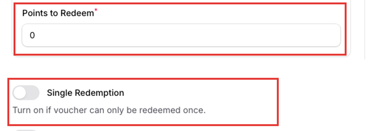 Step 4: The Settings tab with the Points to Redeem field set to 0 and the Single Redemption toggle highlighted