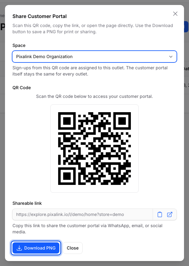 Share Customer Portal modal showing the Space dropdown, a scannable QR code, the Shareable link field, and the Download PNG button highlighted next to Close