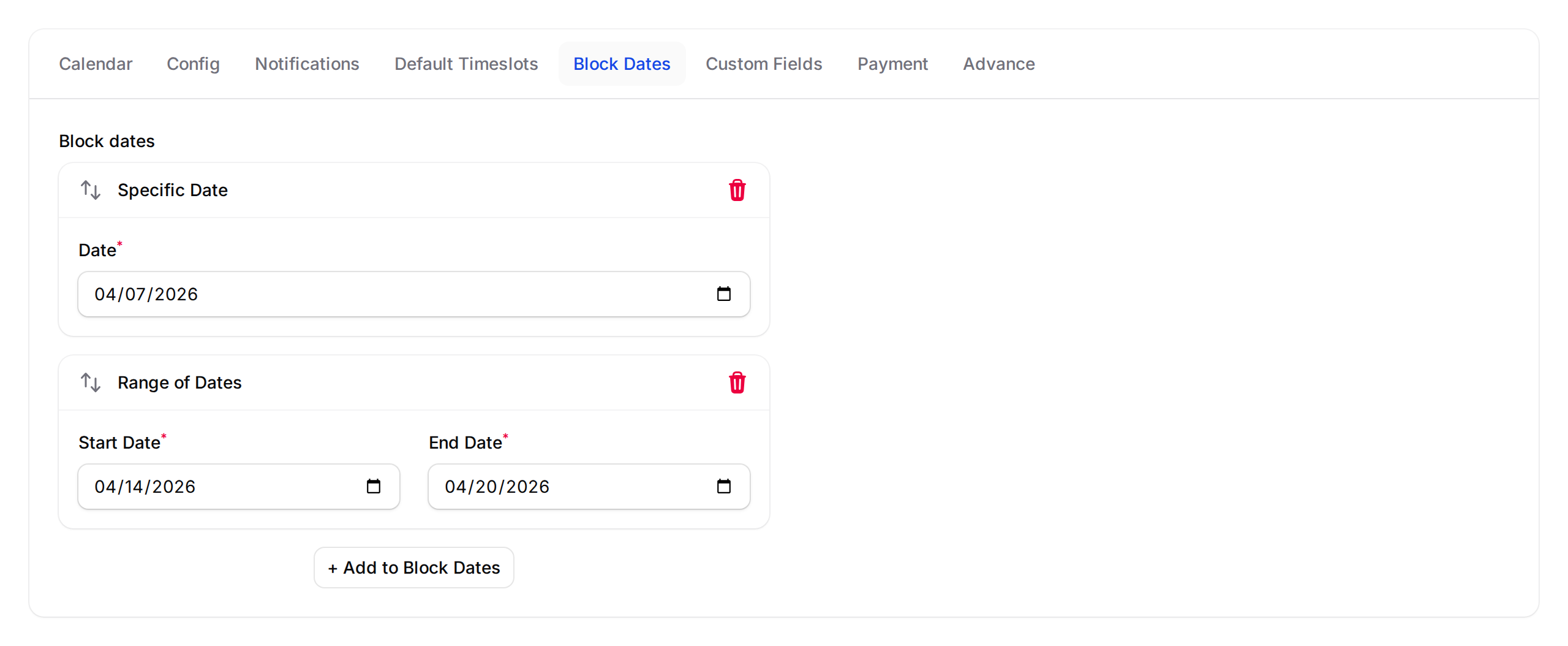 Step 2: The Block Dates tab showing the builder with existing blocks and the three block type options