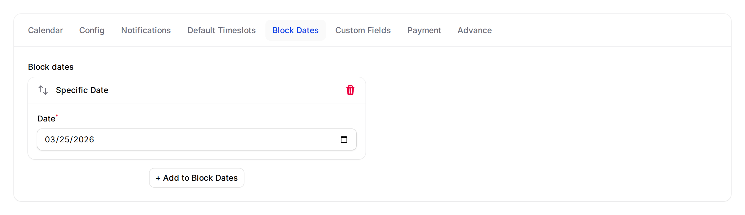 Step 3: Block Dates tab with a Specific Date block added â the date field is highlighted