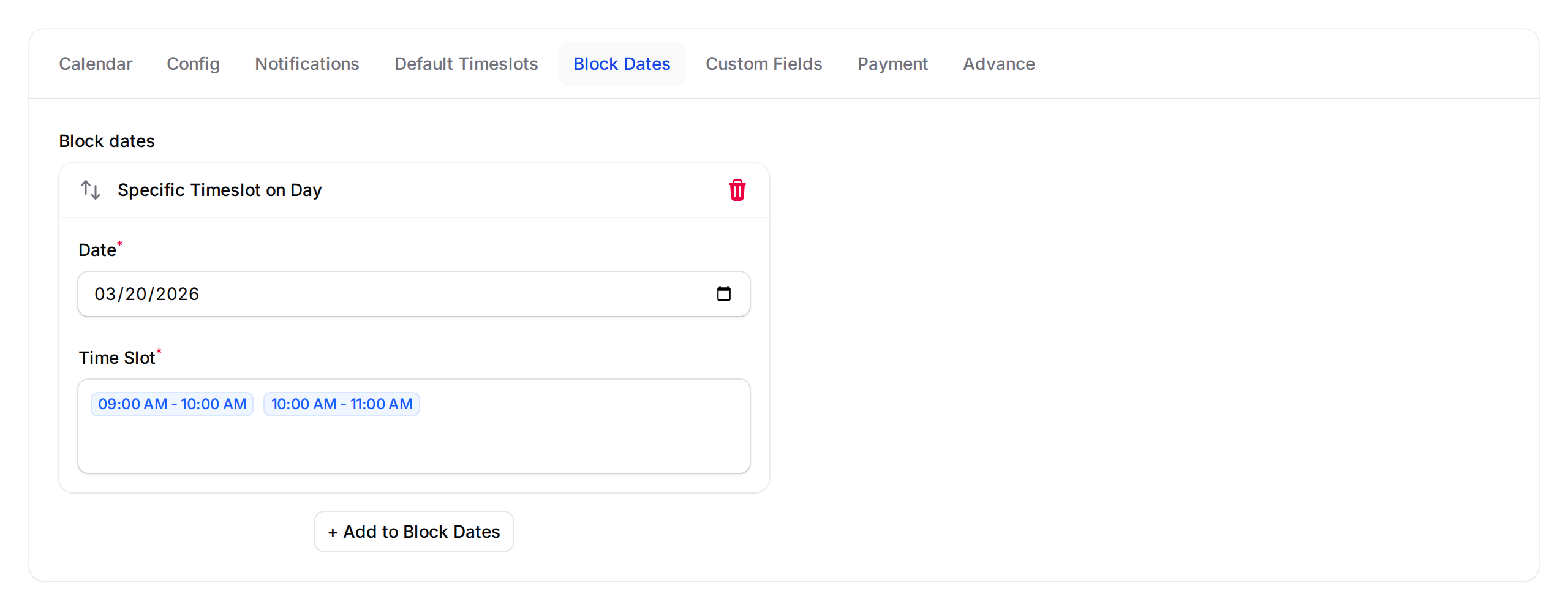 Step 5: Block Dates tab with a Specific Timeslot on Day block added â selected timeslots highlighted