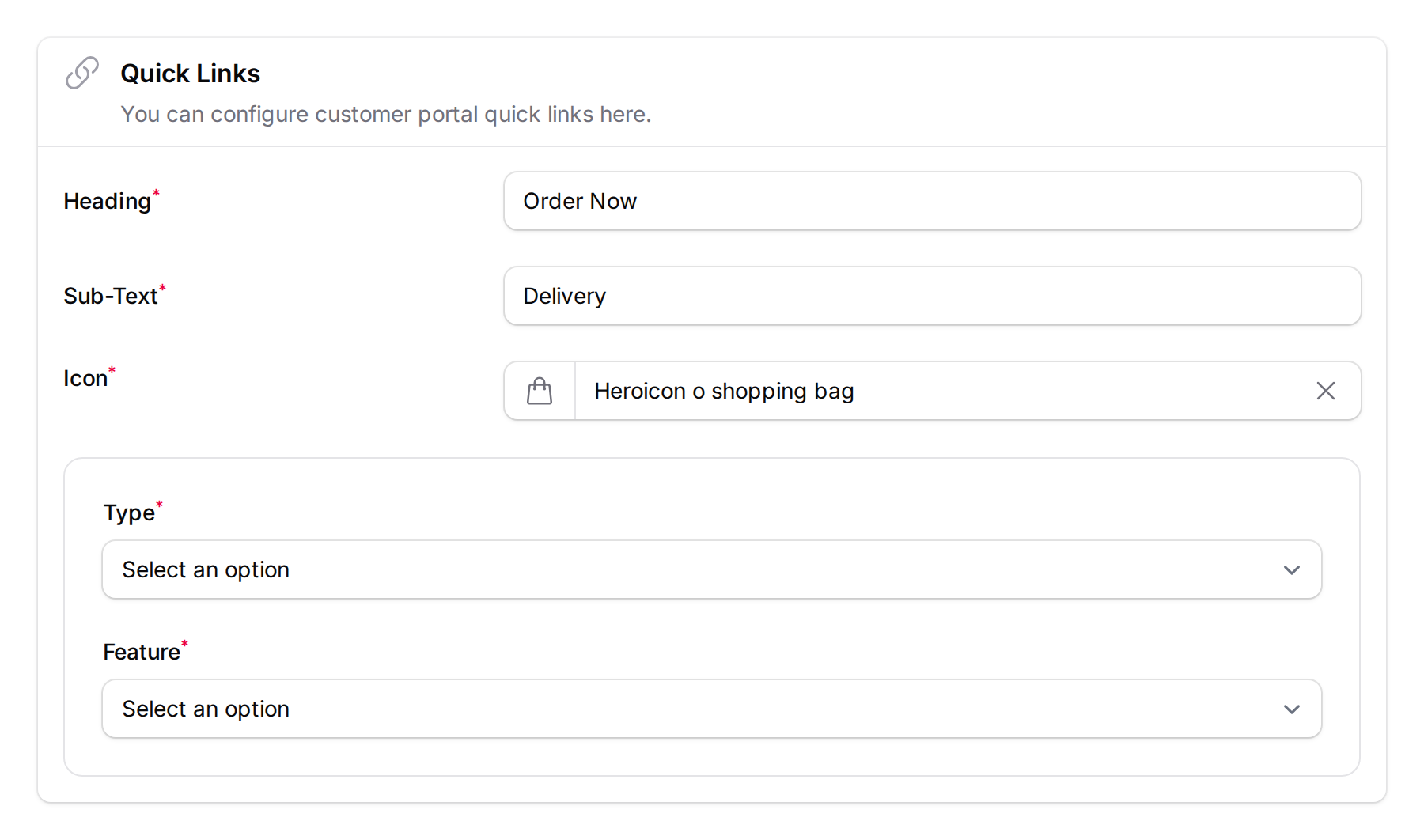 Quick link set to Feature type with Heading, Sub-Text, Icon, and Feature selection fields