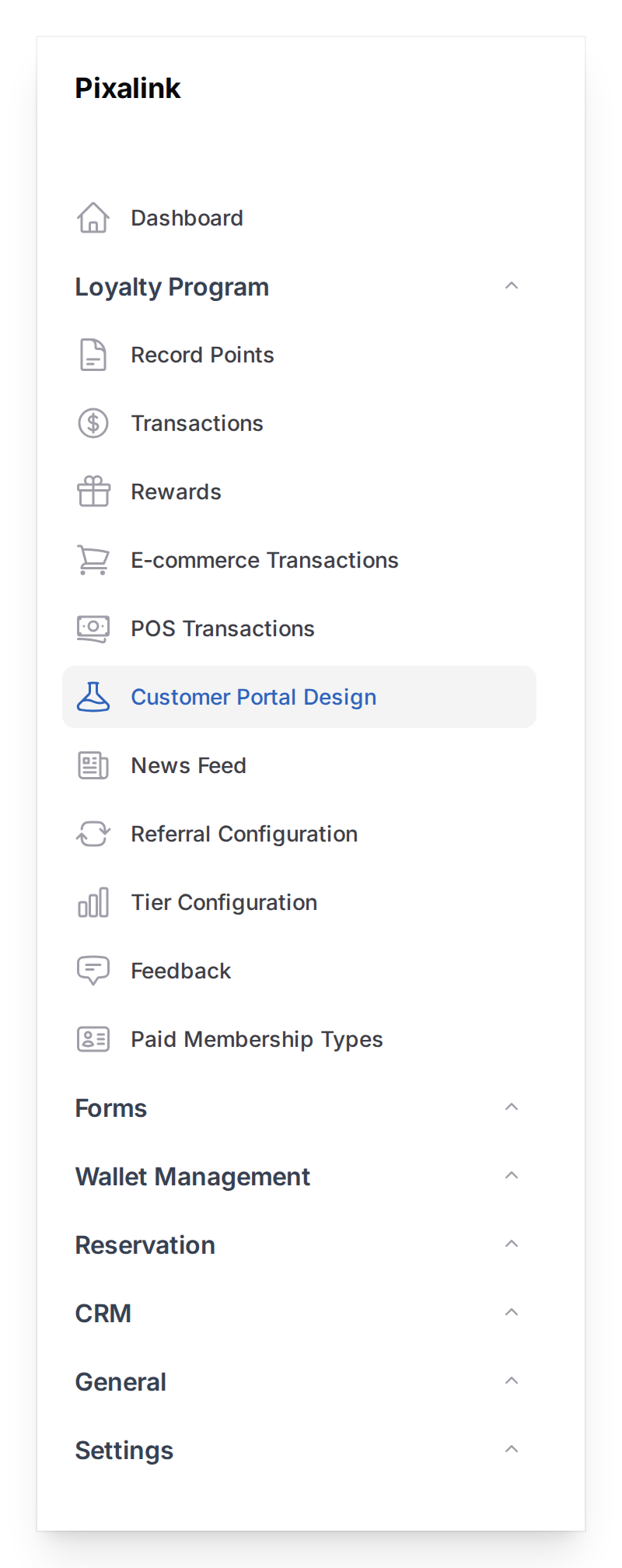 Admin panel sidebar showing Customer Portal Design highlighted under Loyalty Program