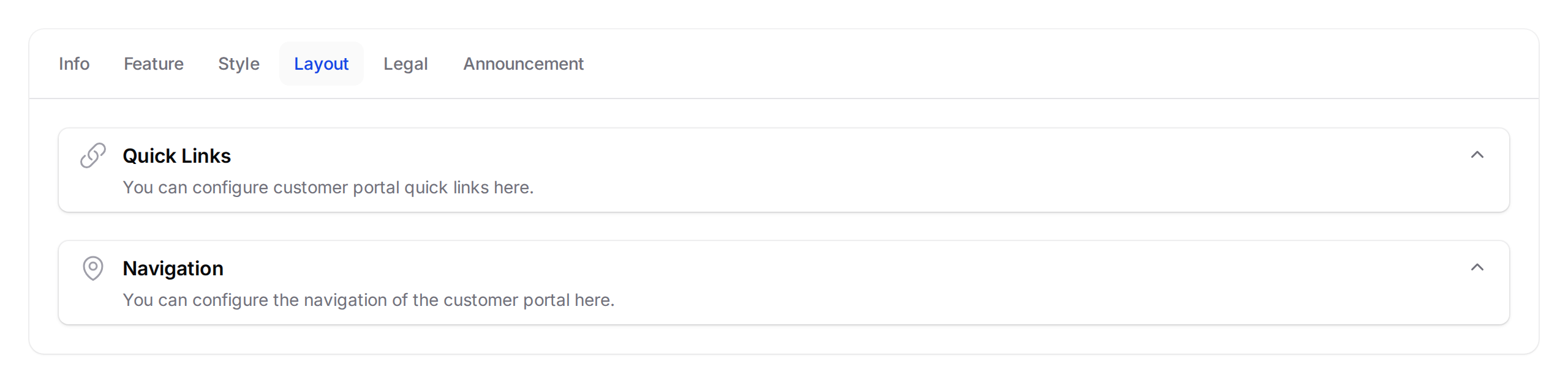 Layout tab showing Quick Links and Navigation sections in the Customer Portal Design editor
