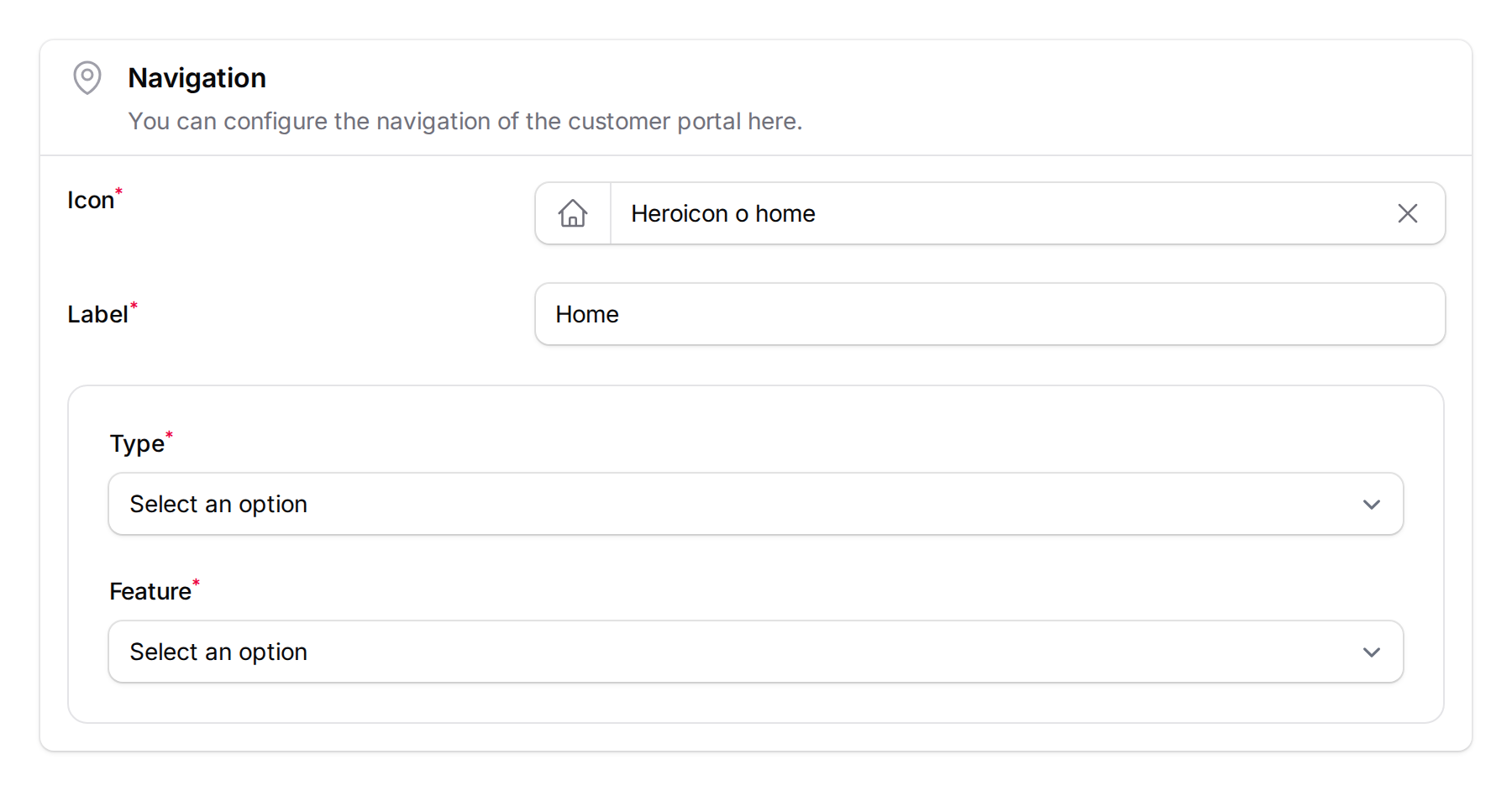 Navigation button configuration showing Feature type with Icon, Label, Type, and Feature fields