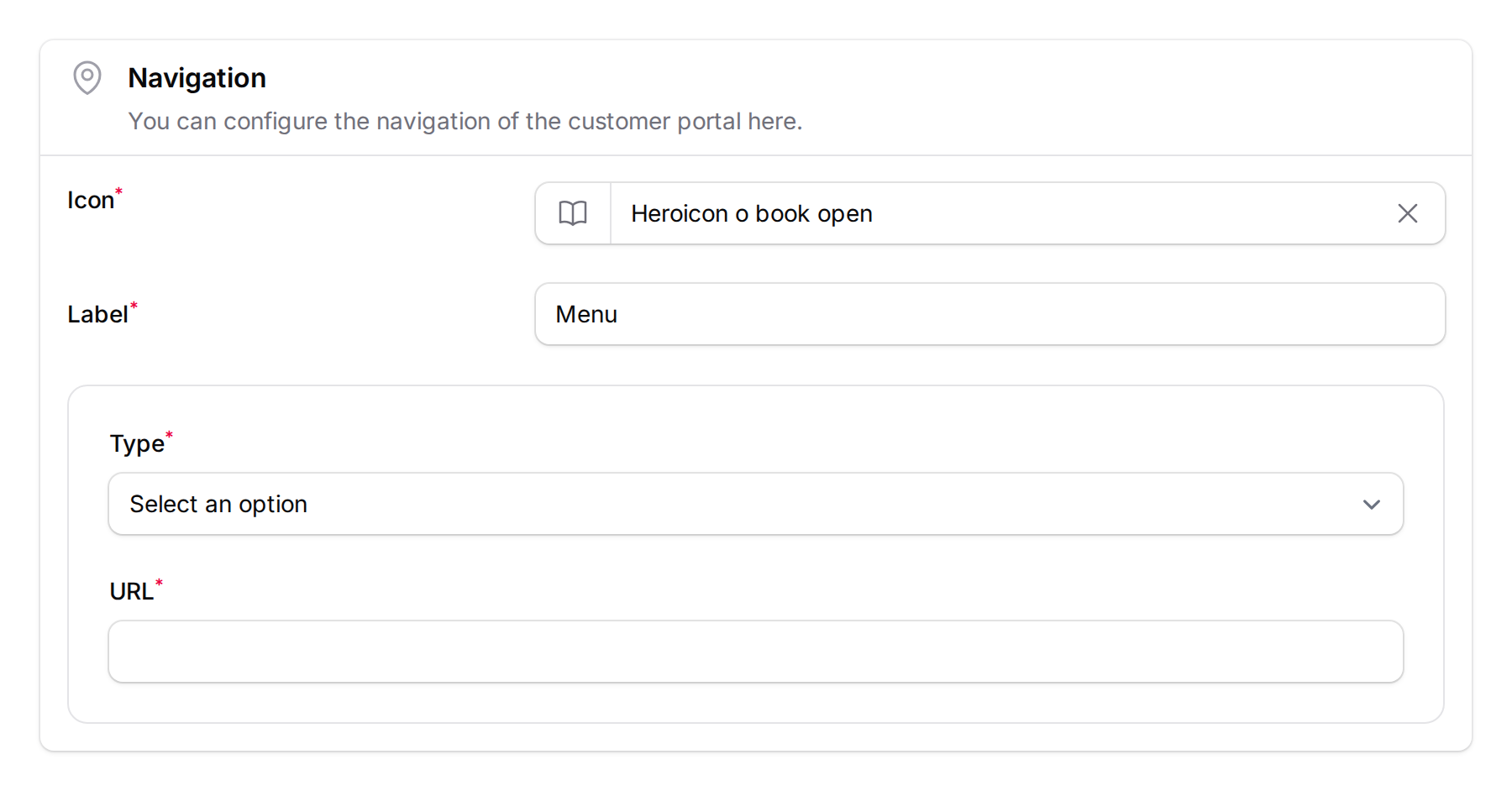 Navigation button configuration showing External Link type with Icon, Label, Type, and URL fields