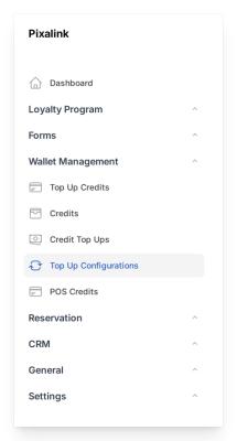 Admin panel sidebar with Wallet Management group expanded and Top Up Configurations highlighted