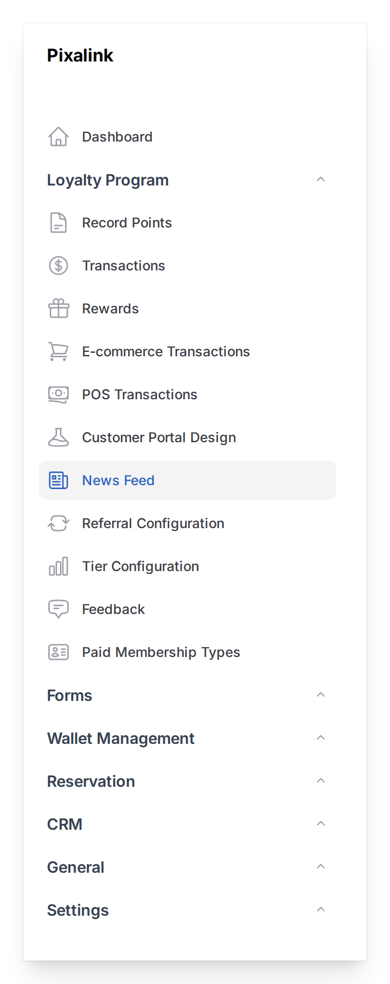 Admin panel left sidebar showing Loyalty Program group expanded with News Feed highlighted in blue