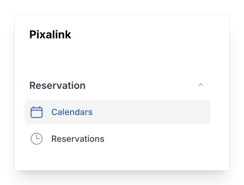 Sidebar navigation showing Reservation group expanded with Calendars highlighted