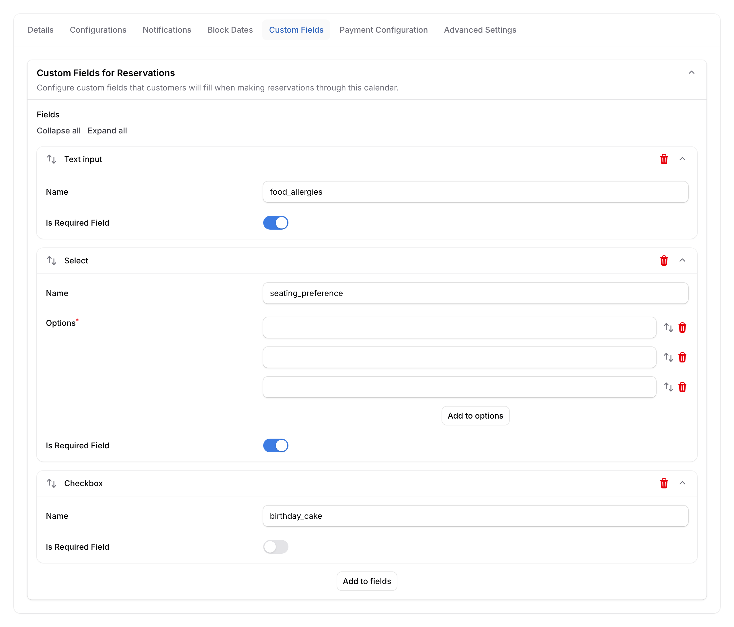 Custom Fields tab showing three custom fields: food allergies text input, seating preference select with options, and birthday cake checkbox