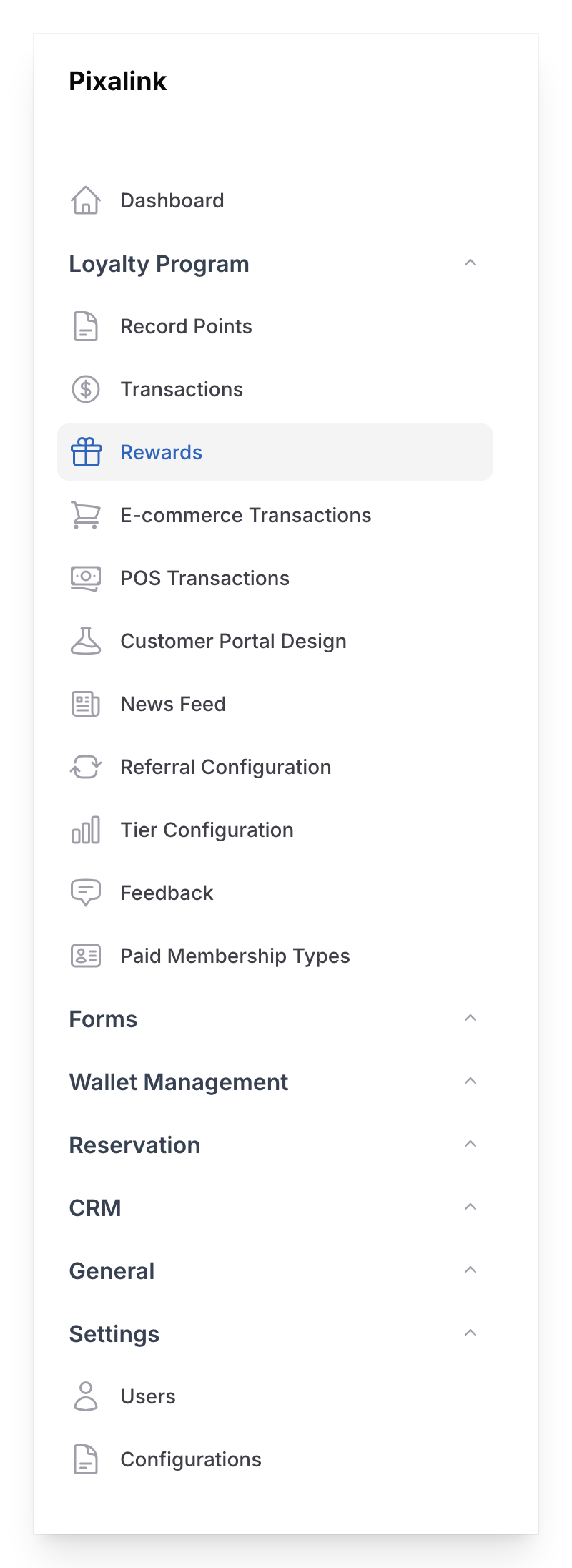 Pixalink admin panel sidebar navigation with Rewards highlighted under the Loyalty Program group